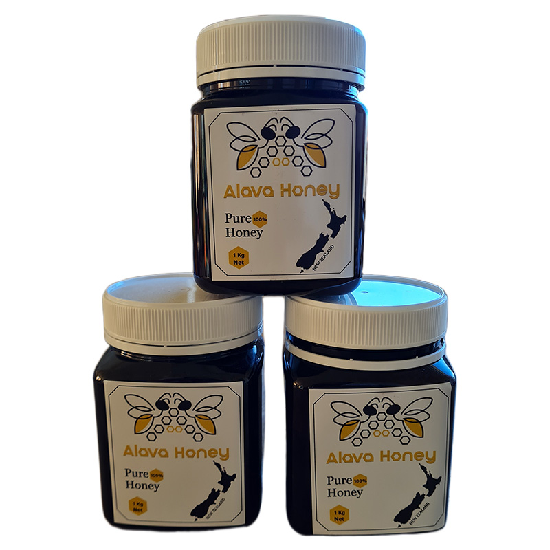 Three stacked jars of Alava Honey pure honey